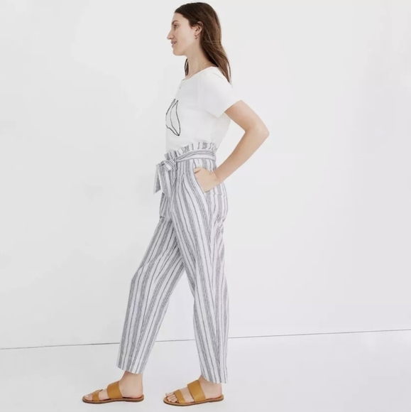Madewell Linen Cotton Striped High Waist Paper Bag pants - Picture 2 of 8